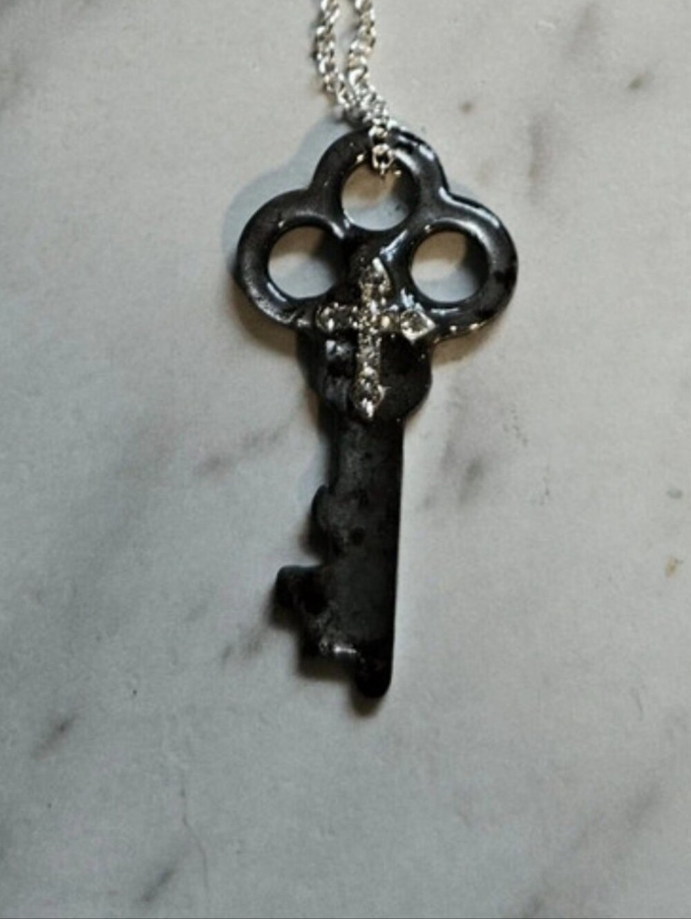 Silver Skeleton Key Necklace With Cross Charm